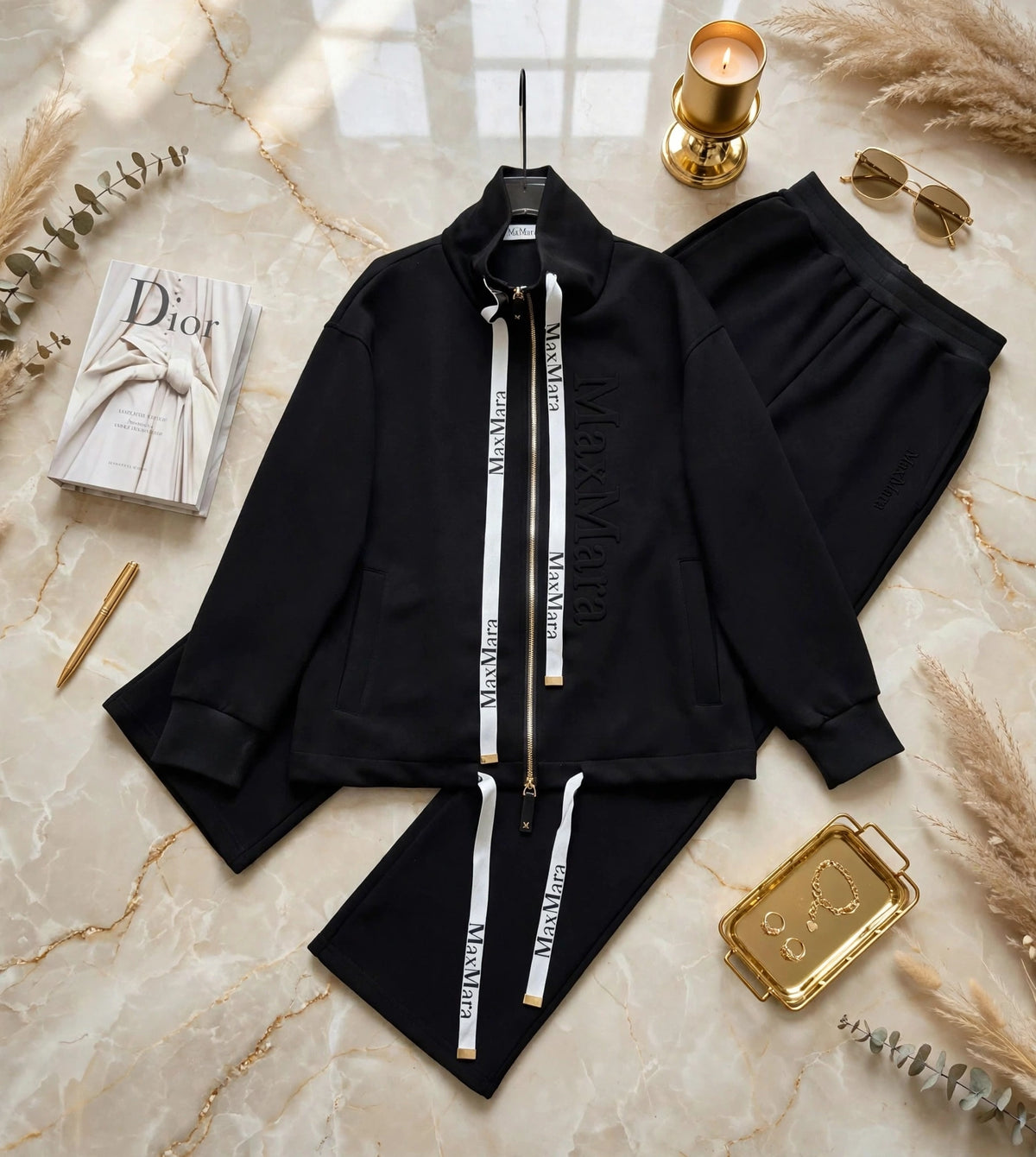 MaxMara Women's Tracksuit Set - Black Zip Jacket + Pants - Luxury Athleisure